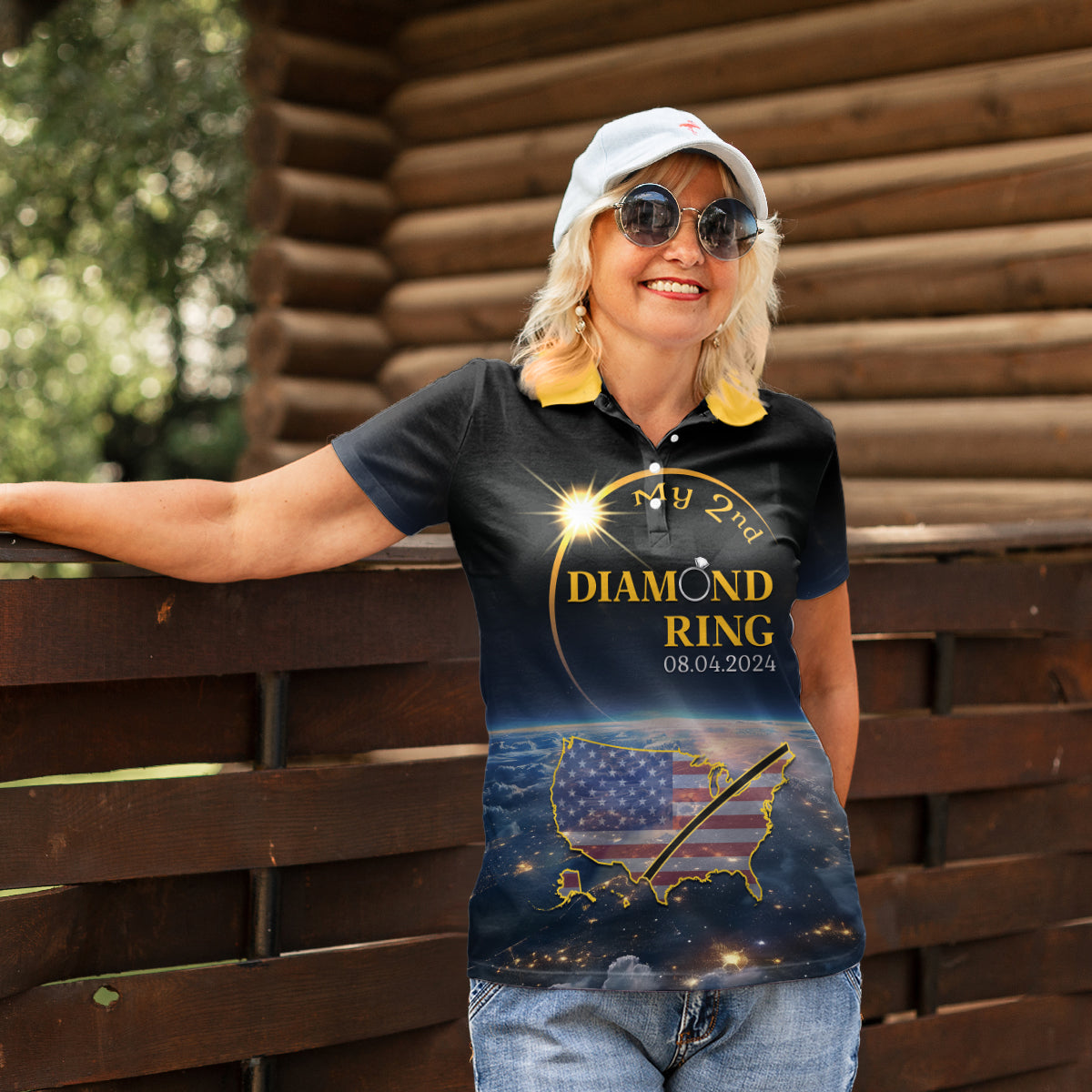 Personalized Total Solar Eclipse 2024 Women Polo Shirt My 2nd Diamond Ring - Wonder Print Shop