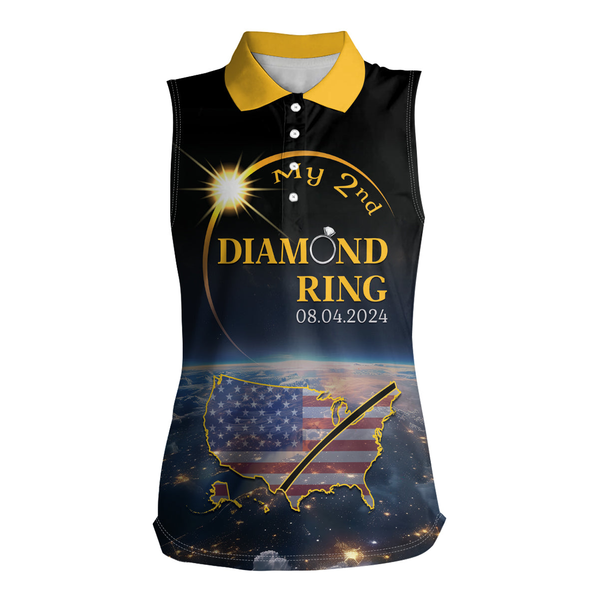 Personalized Total Solar Eclipse 2024 Women Sleeveless Polo Shirt My 2nd Diamond Ring - Wonder Print Shop