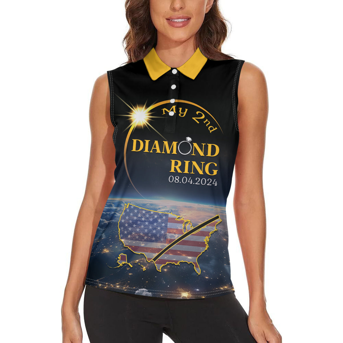 Personalized Total Solar Eclipse 2024 Women Sleeveless Polo Shirt My 2nd Diamond Ring - Wonder Print Shop