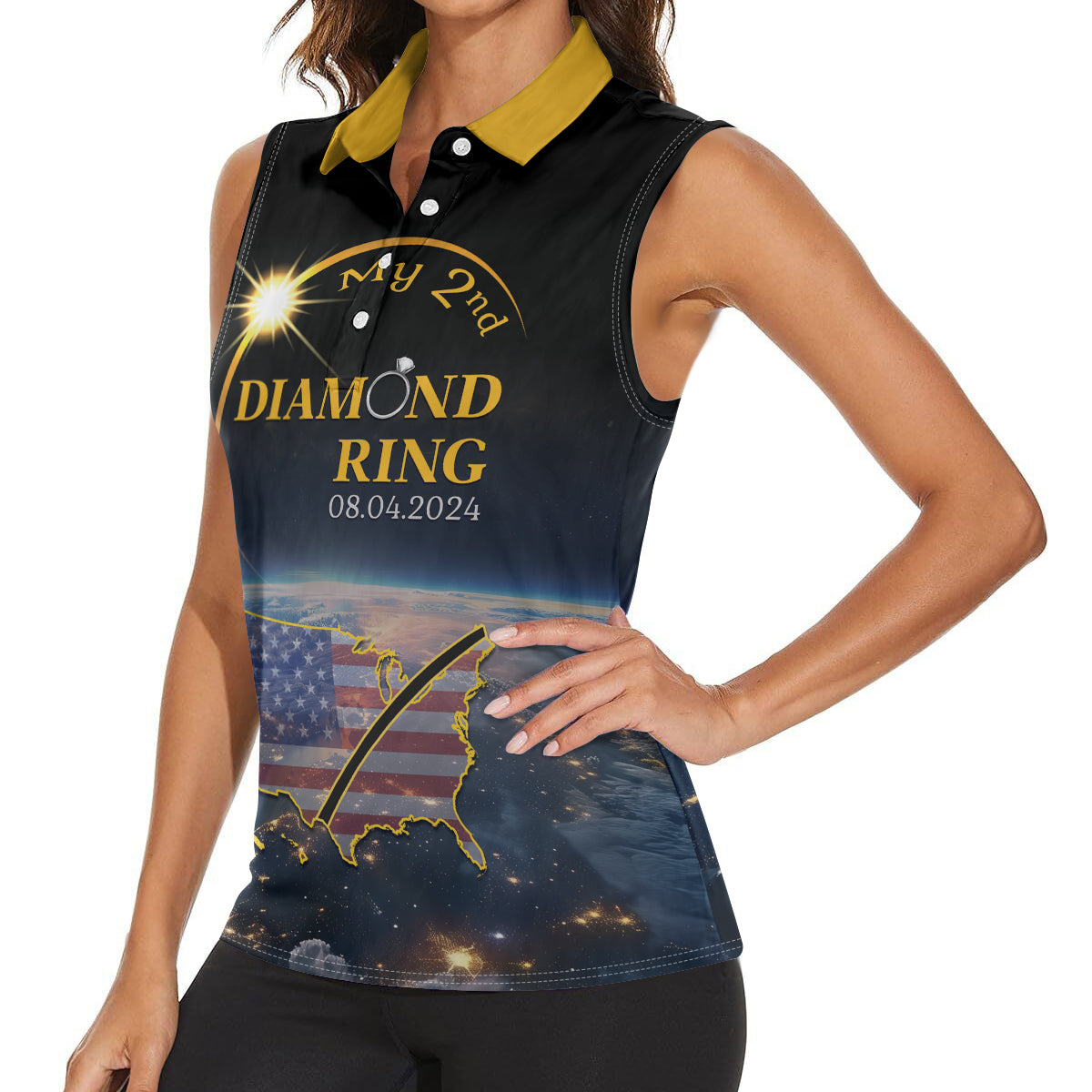 Personalized Total Solar Eclipse 2024 Women Sleeveless Polo Shirt My 2nd Diamond Ring - Wonder Print Shop