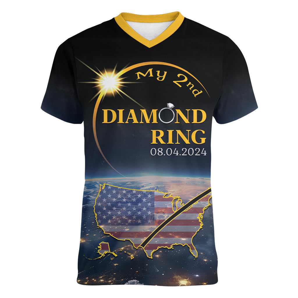 Personalized Total Solar Eclipse 2024 Women V-Neck T-Shirt My 2nd Diamond Ring - Wonder Print Shop