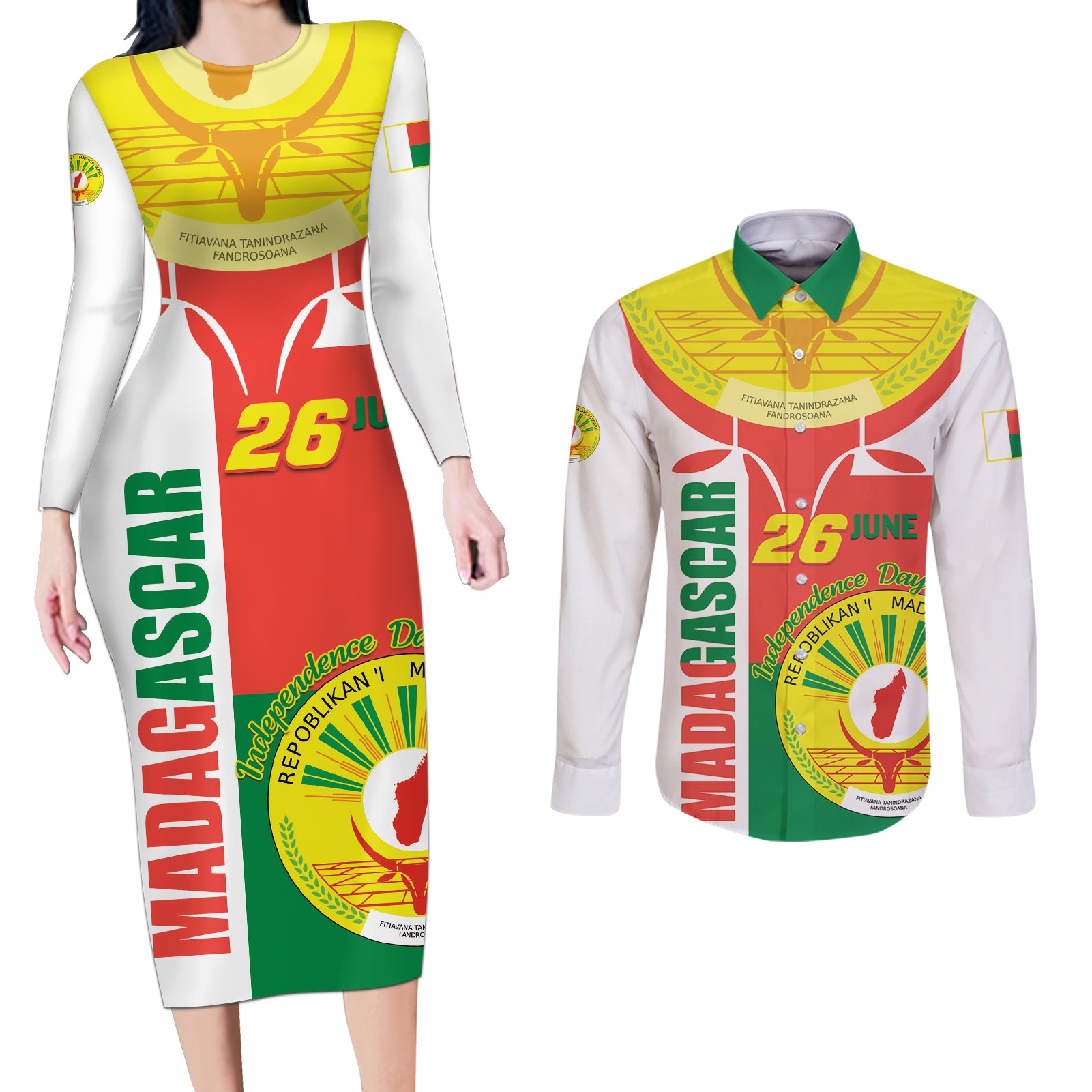 Madagascar Independence Day Couples Matching Long Sleeve Bodycon Dress and Long Sleeve Button Shirt Madagasikara June 26