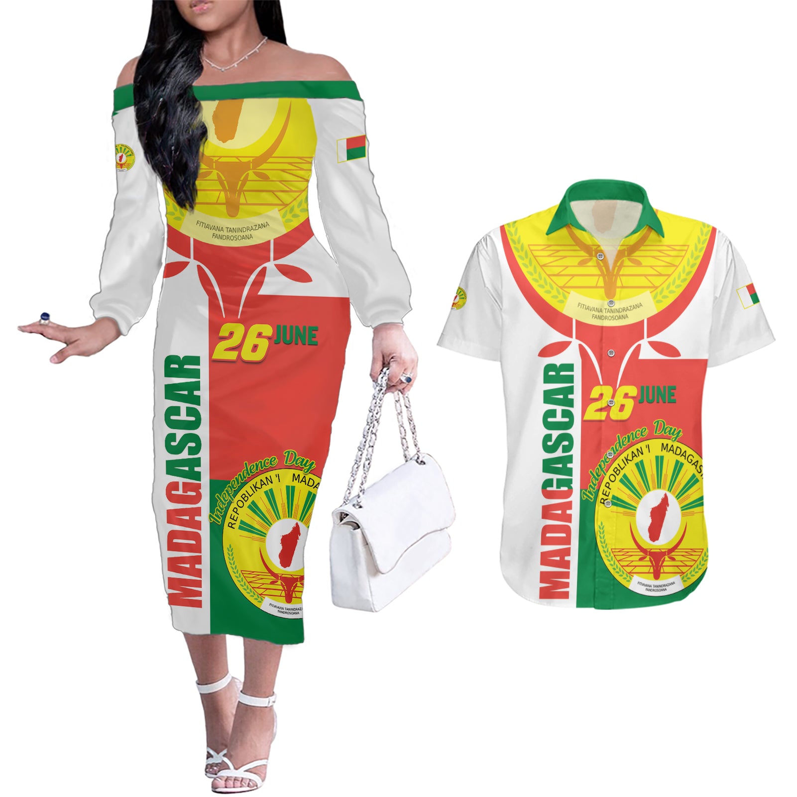 Madagascar Independence Day Couples Matching Off The Shoulder Long Sleeve Dress and Hawaiian Shirt Madagasikara June 26 - Wonder Print Shop