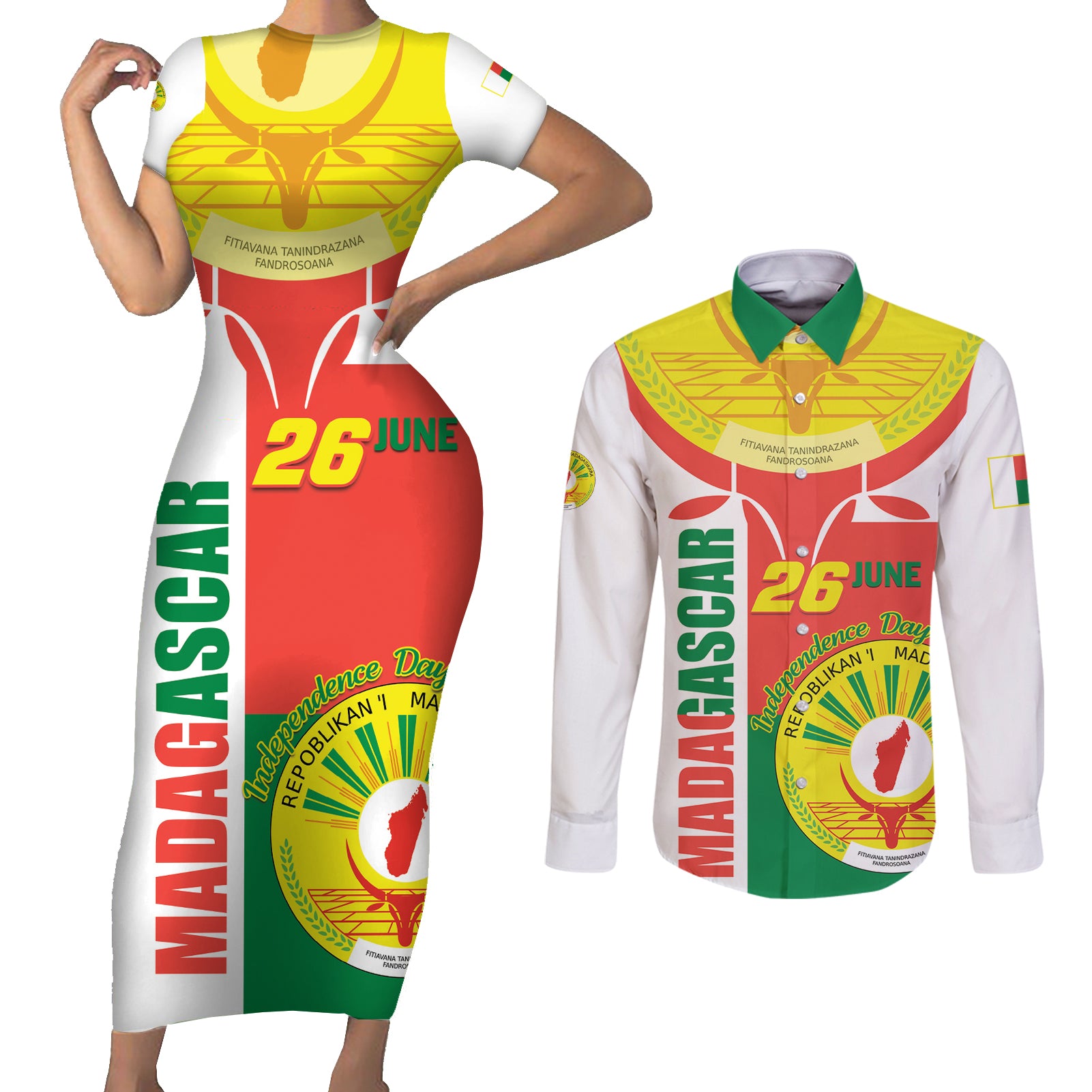 Madagascar Independence Day Couples Matching Short Sleeve Bodycon Dress and Long Sleeve Button Shirt Madagasikara June 26