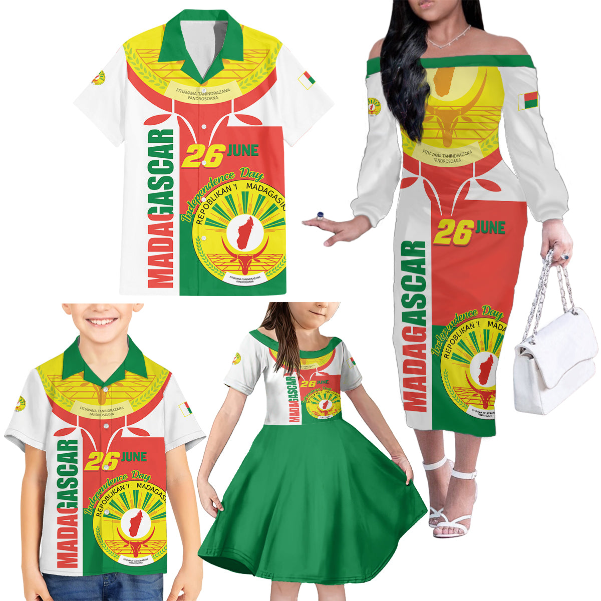 Madagascar Independence Day Family Matching Off The Shoulder Long Sleeve Dress and Hawaiian Shirt Madagasikara June 26