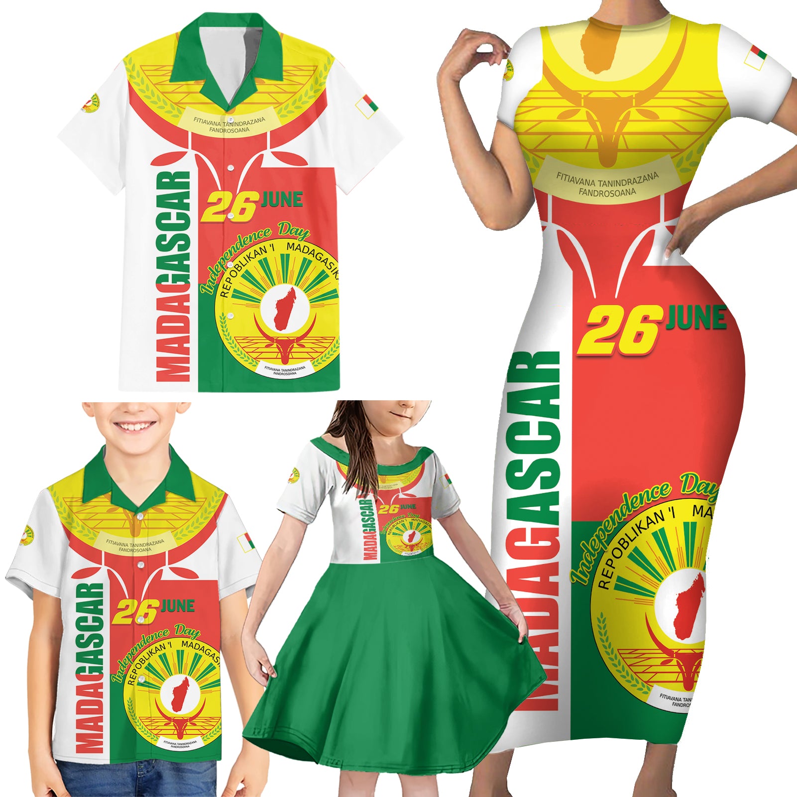 Madagascar Independence Day Family Matching Short Sleeve Bodycon Dress and Hawaiian Shirt Madagasikara June 26