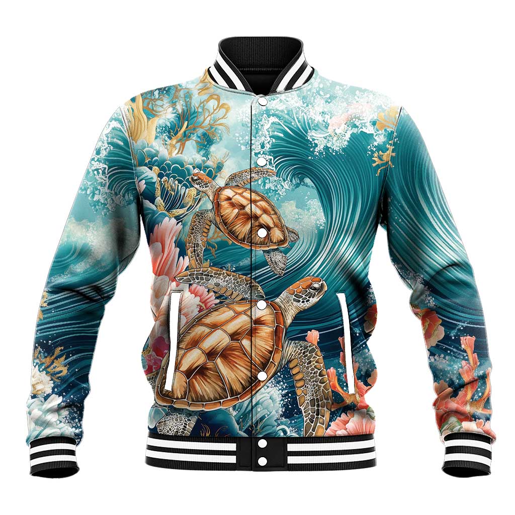 Personalized Caribbean Sea Turtle Baseball Jacket Fantastic Ocean Waves