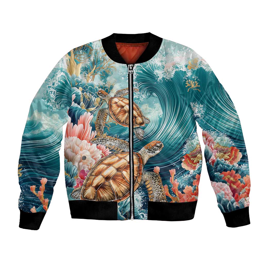 Personalized Caribbean Sea Turtle Bomber Jacket Fantastic Ocean Waves