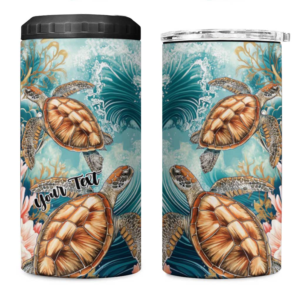 Personalized Caribbean Sea Turtle 4 in 1 Can Cooler Tumbler Fantastic Ocean Waves