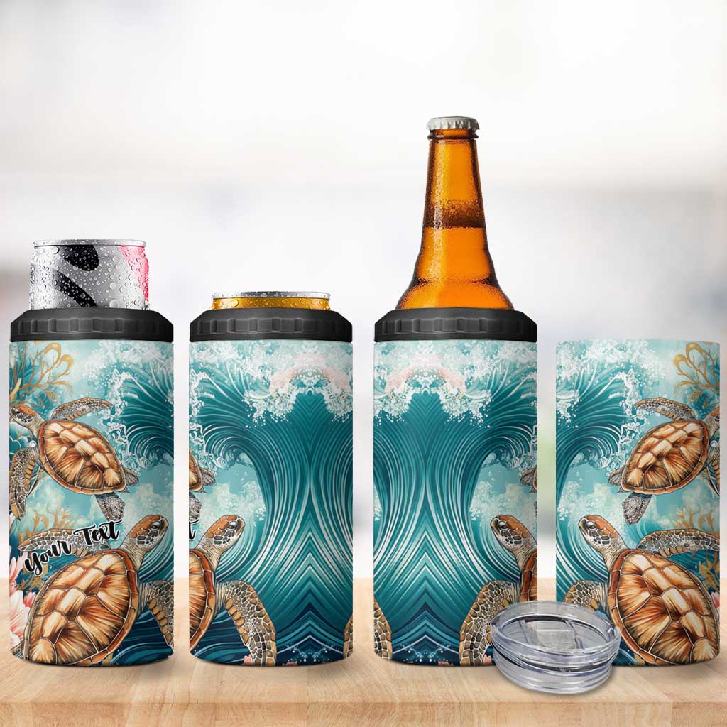 Personalized Caribbean Sea Turtle 4 in 1 Can Cooler Tumbler Fantastic Ocean Waves