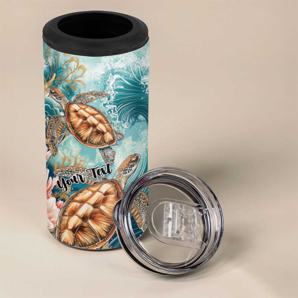 Personalized Caribbean Sea Turtle 4 in 1 Can Cooler Tumbler Fantastic Ocean Waves
