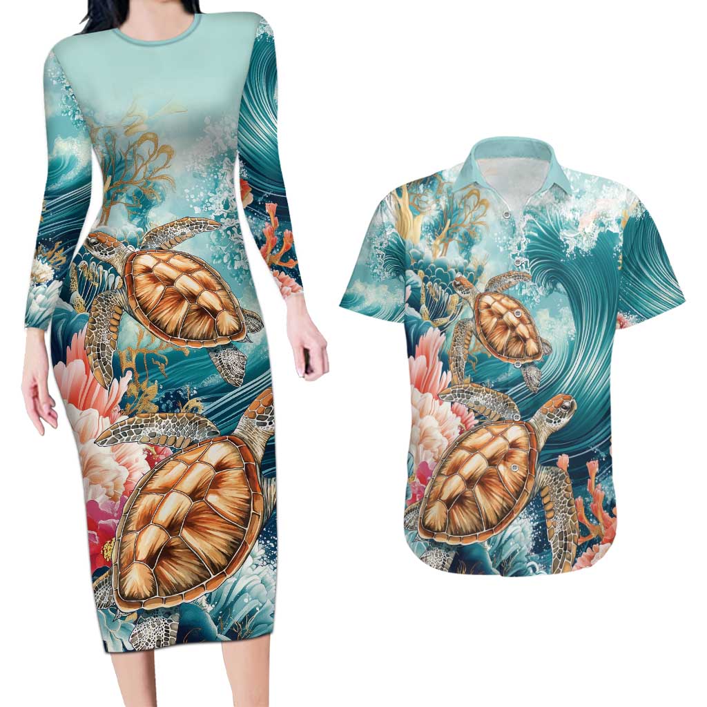 Personalized Caribbean Sea Turtle Couples Matching Long Sleeve Bodycon Dress and Hawaiian Shirt Fantastic Ocean Waves