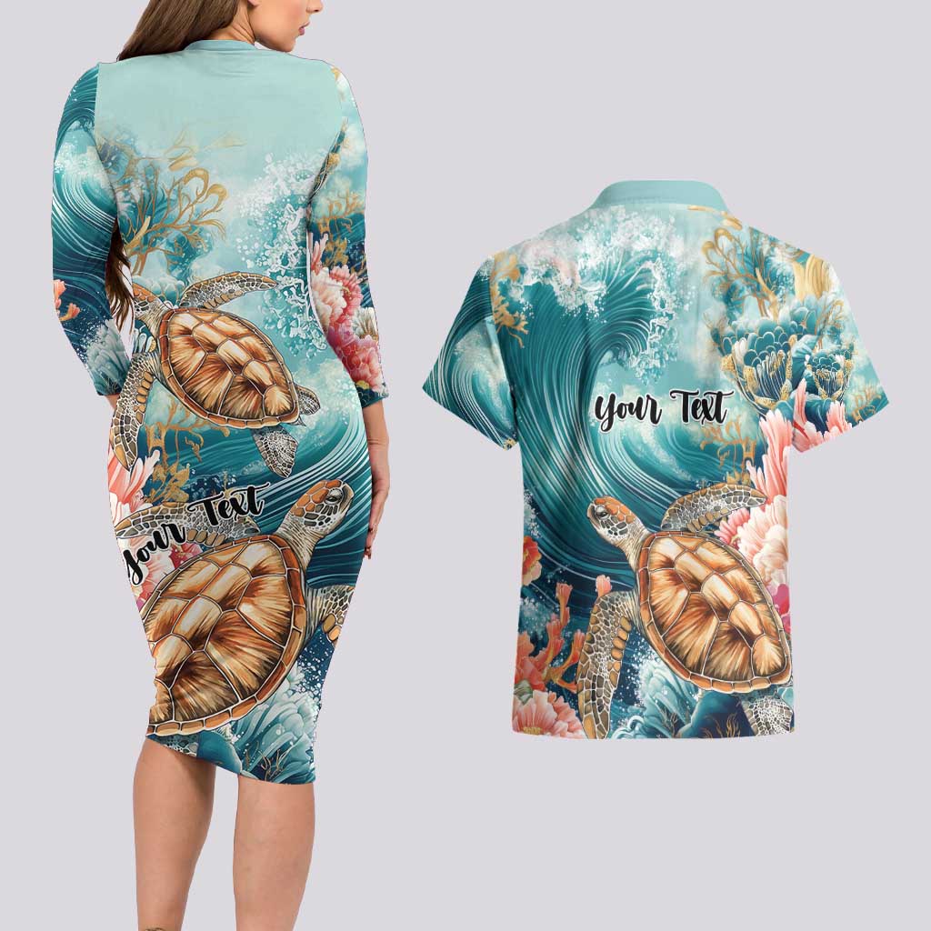 Personalized Caribbean Sea Turtle Couples Matching Long Sleeve Bodycon Dress and Hawaiian Shirt Fantastic Ocean Waves