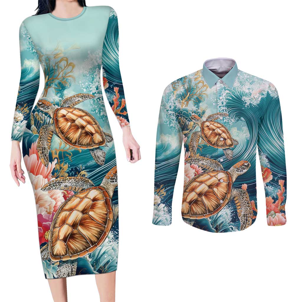 Personalized Caribbean Sea Turtle Couples Matching Long Sleeve Bodycon Dress and Long Sleeve Button Shirt Fantastic Ocean Waves