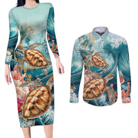 Personalized Caribbean Sea Turtle Couples Matching Long Sleeve Bodycon Dress and Long Sleeve Button Shirt Fantastic Ocean Waves