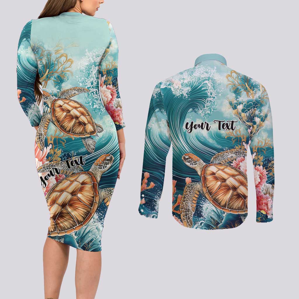 Personalized Caribbean Sea Turtle Couples Matching Long Sleeve Bodycon Dress and Long Sleeve Button Shirt Fantastic Ocean Waves