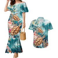 Personalized Caribbean Sea Turtle Couples Matching Mermaid Dress and Hawaiian Shirt Fantastic Ocean Waves