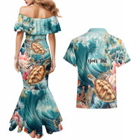 Personalized Caribbean Sea Turtle Couples Matching Mermaid Dress and Hawaiian Shirt Fantastic Ocean Waves