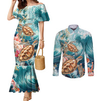 Personalized Caribbean Sea Turtle Couples Matching Mermaid Dress and Long Sleeve Button Shirt Fantastic Ocean Waves