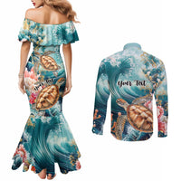 Personalized Caribbean Sea Turtle Couples Matching Mermaid Dress and Long Sleeve Button Shirt Fantastic Ocean Waves