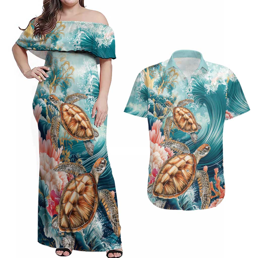 Personalized Caribbean Sea Turtle Couples Matching Off Shoulder Maxi Dress and Hawaiian Shirt Fantastic Ocean Waves