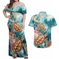 Personalized Caribbean Sea Turtle Couples Matching Off Shoulder Maxi Dress and Hawaiian Shirt Fantastic Ocean Waves