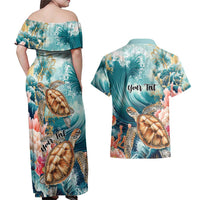Personalized Caribbean Sea Turtle Couples Matching Off Shoulder Maxi Dress and Hawaiian Shirt Fantastic Ocean Waves