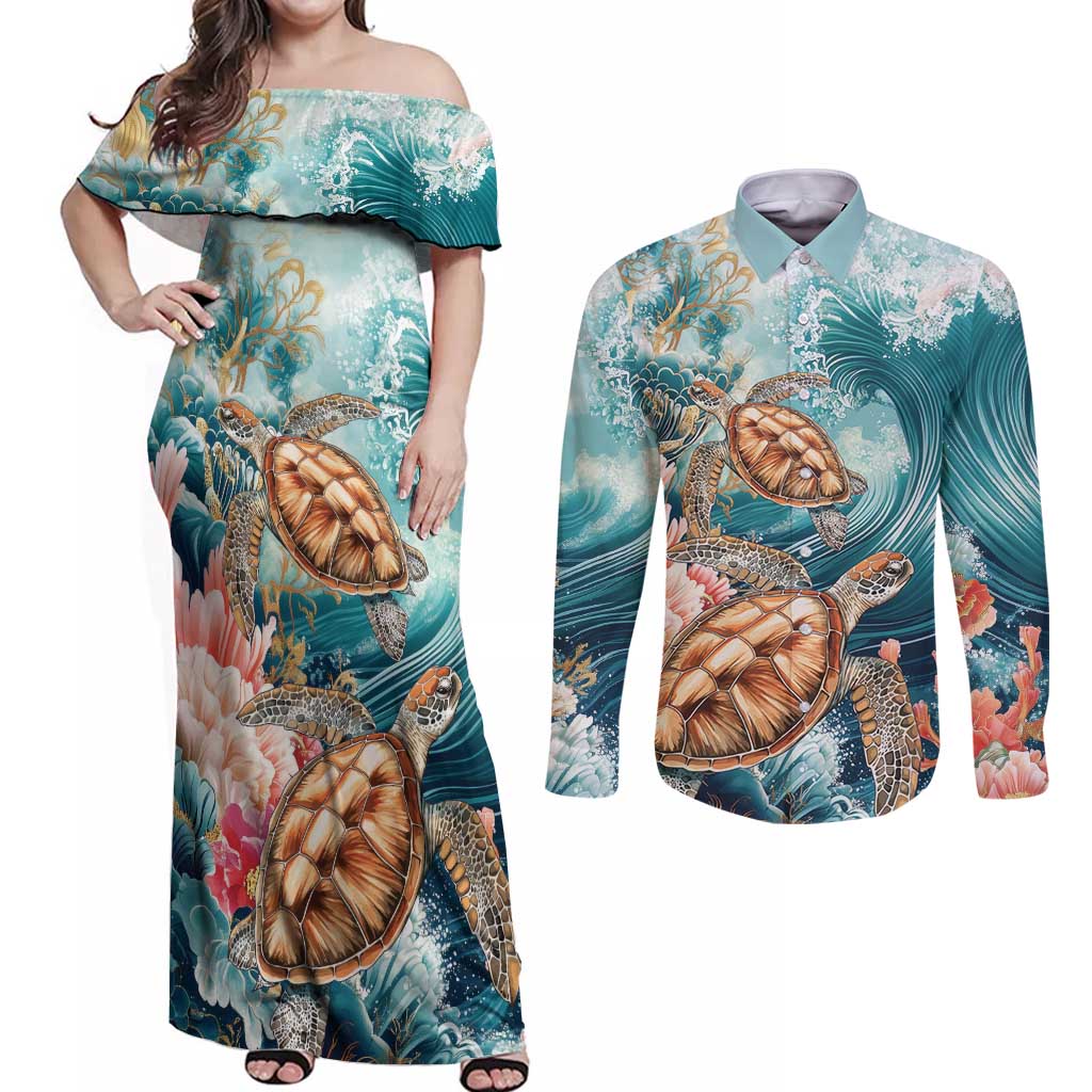 Personalized Caribbean Sea Turtle Couples Matching Off Shoulder Maxi Dress and Long Sleeve Button Shirt Fantastic Ocean Waves