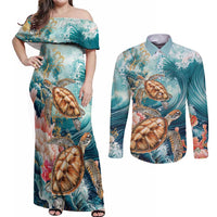 Personalized Caribbean Sea Turtle Couples Matching Off Shoulder Maxi Dress and Long Sleeve Button Shirt Fantastic Ocean Waves