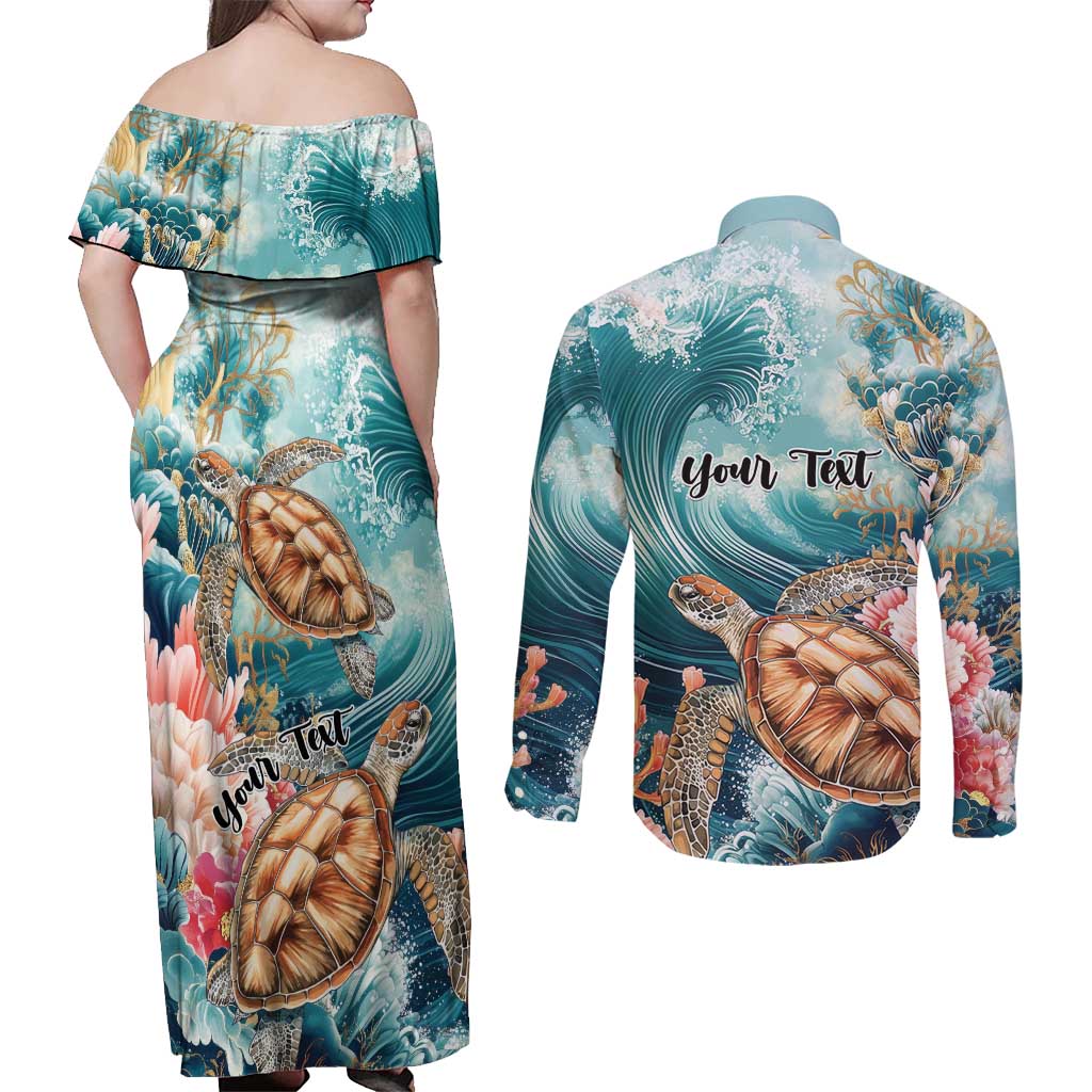 Personalized Caribbean Sea Turtle Couples Matching Off Shoulder Maxi Dress and Long Sleeve Button Shirt Fantastic Ocean Waves