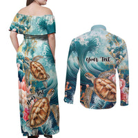 Personalized Caribbean Sea Turtle Couples Matching Off Shoulder Maxi Dress and Long Sleeve Button Shirt Fantastic Ocean Waves