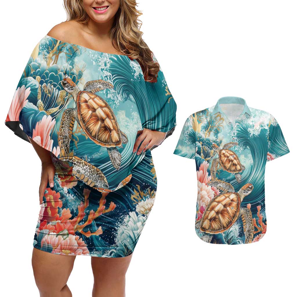 Personalized Caribbean Sea Turtle Couples Matching Off Shoulder Short Dress and Hawaiian Shirt Fantastic Ocean Waves