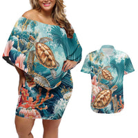 Personalized Caribbean Sea Turtle Couples Matching Off Shoulder Short Dress and Hawaiian Shirt Fantastic Ocean Waves