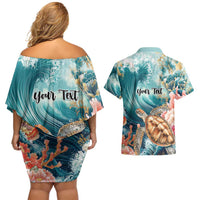 Personalized Caribbean Sea Turtle Couples Matching Off Shoulder Short Dress and Hawaiian Shirt Fantastic Ocean Waves