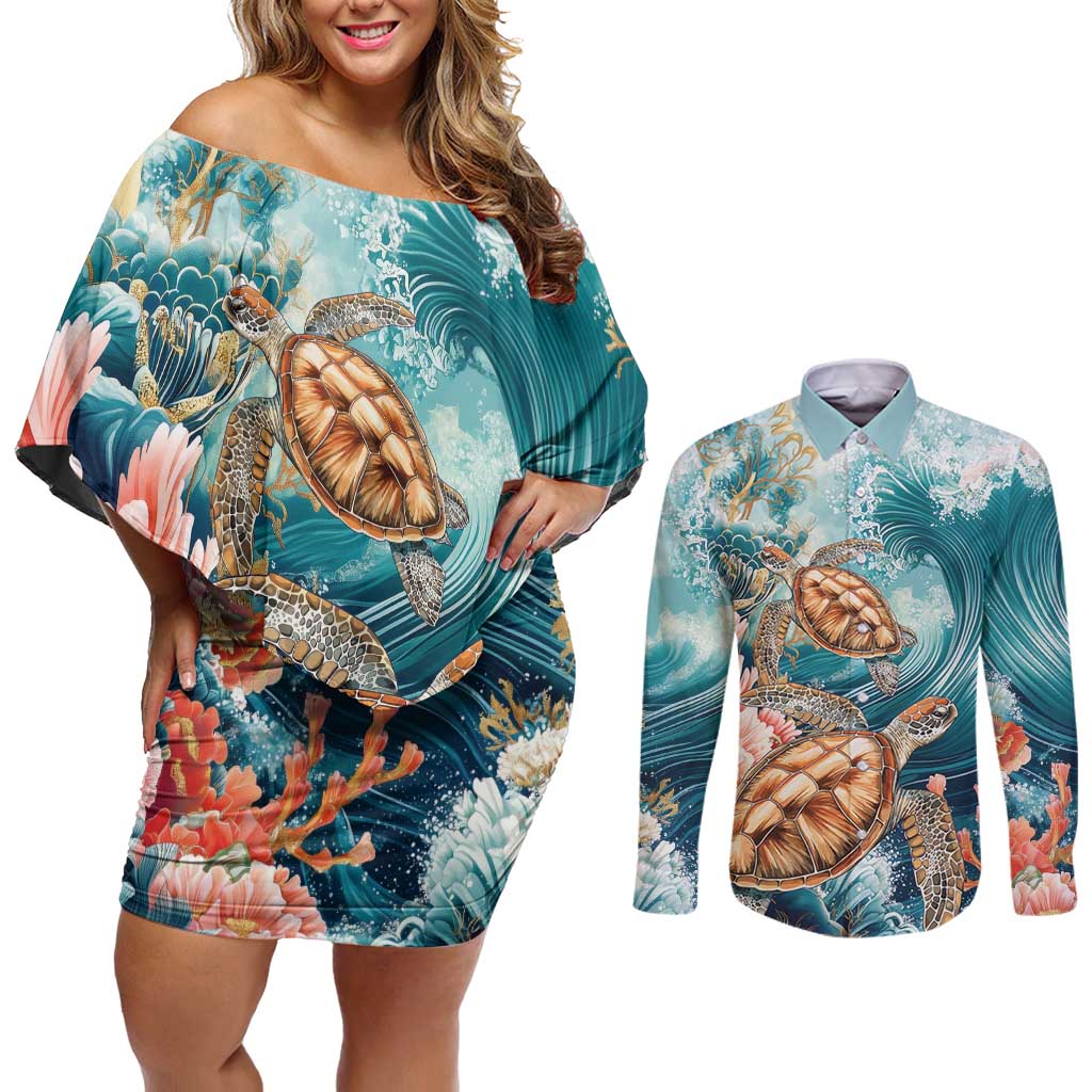 Personalized Caribbean Sea Turtle Couples Matching Off Shoulder Short Dress and Long Sleeve Button Shirt Fantastic Ocean Waves
