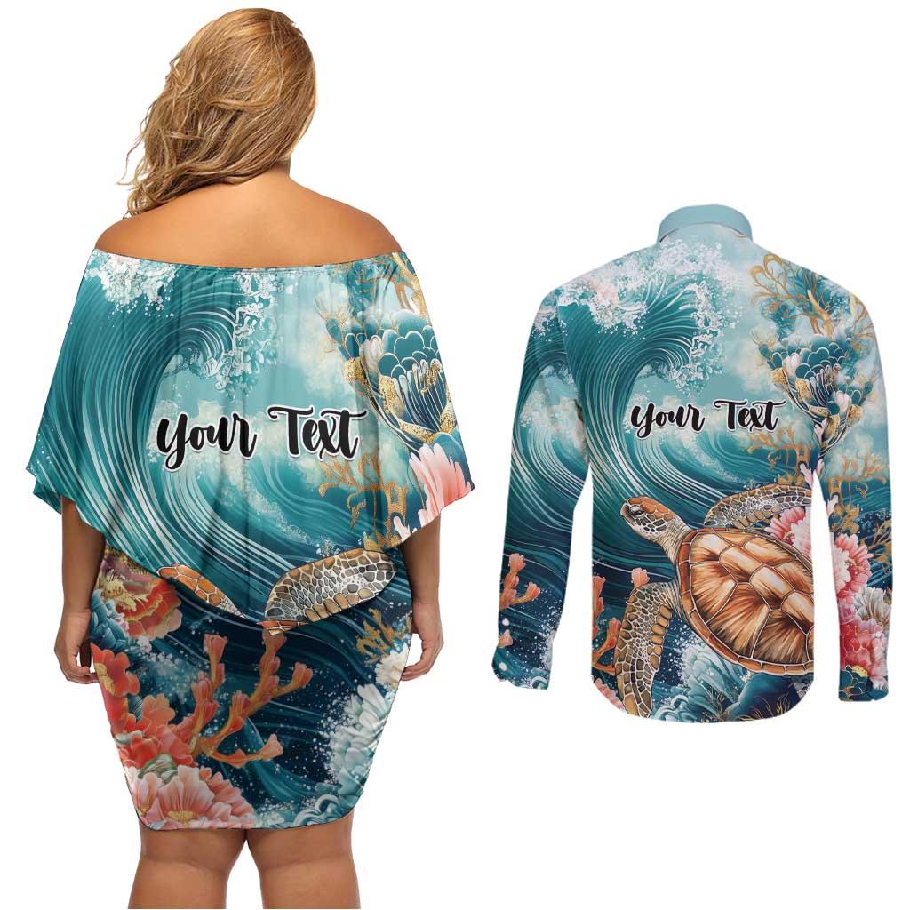 Personalized Caribbean Sea Turtle Couples Matching Off Shoulder Short Dress and Long Sleeve Button Shirt Fantastic Ocean Waves