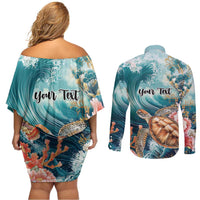 Personalized Caribbean Sea Turtle Couples Matching Off Shoulder Short Dress and Long Sleeve Button Shirt Fantastic Ocean Waves