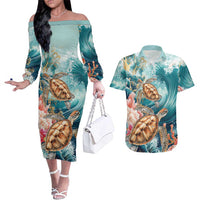 Personalized Caribbean Sea Turtle Couples Matching Off The Shoulder Long Sleeve Dress and Hawaiian Shirt Fantastic Ocean Waves