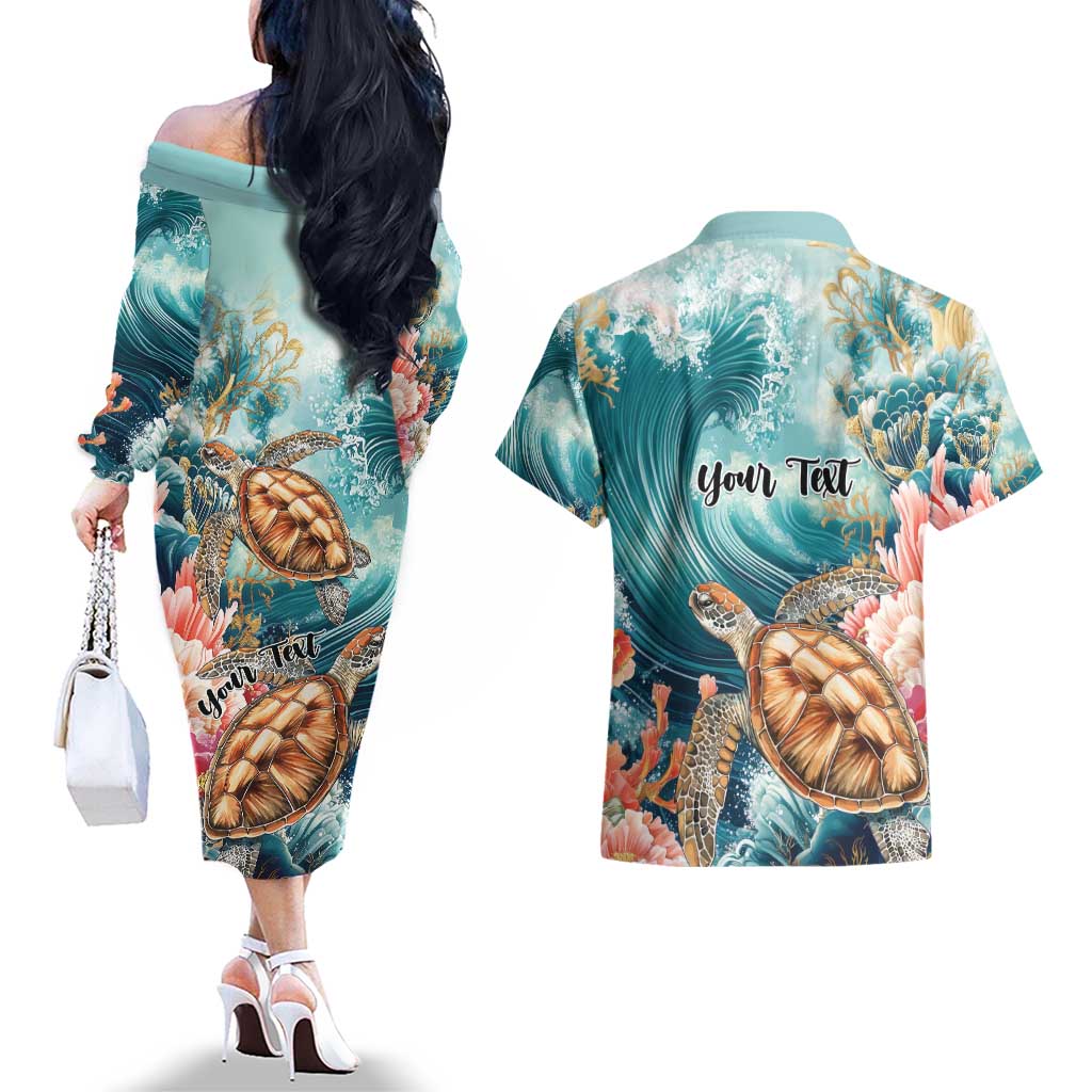 Personalized Caribbean Sea Turtle Couples Matching Off The Shoulder Long Sleeve Dress and Hawaiian Shirt Fantastic Ocean Waves