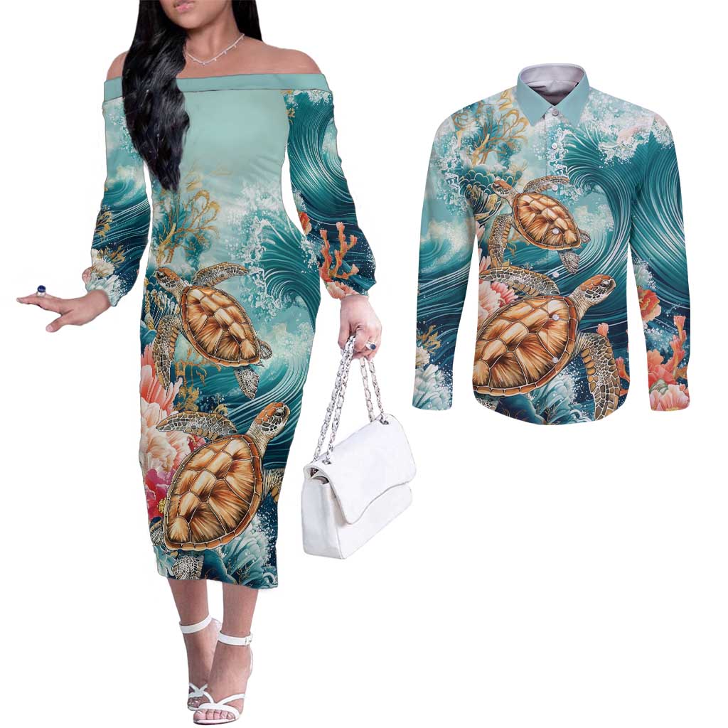 Personalized Caribbean Sea Turtle Couples Matching Off The Shoulder Long Sleeve Dress and Long Sleeve Button Shirt Fantastic Ocean Waves