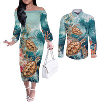 Personalized Caribbean Sea Turtle Couples Matching Off The Shoulder Long Sleeve Dress and Long Sleeve Button Shirt Fantastic Ocean Waves