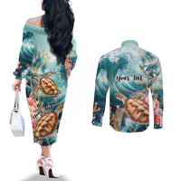 Personalized Caribbean Sea Turtle Couples Matching Off The Shoulder Long Sleeve Dress and Long Sleeve Button Shirt Fantastic Ocean Waves