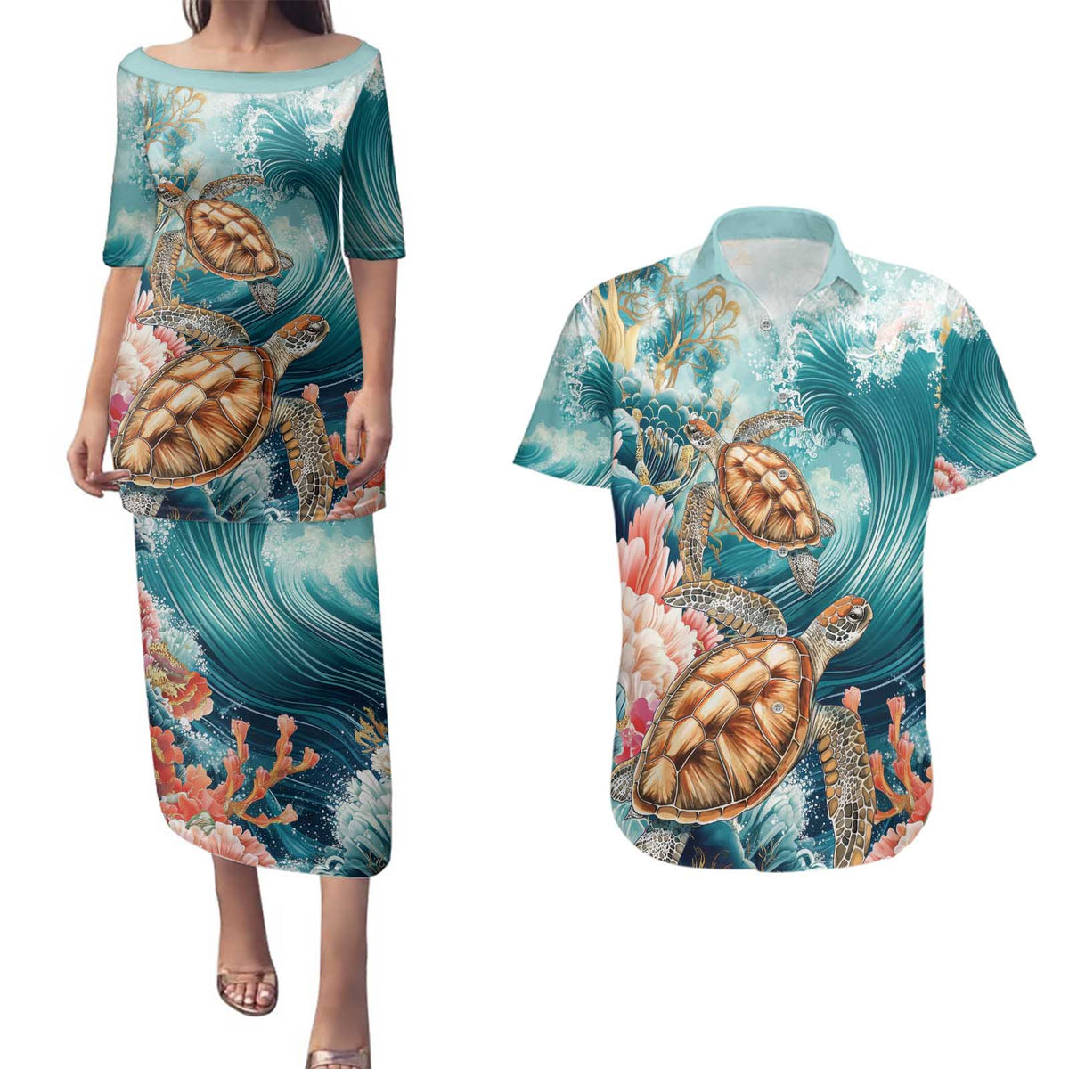 Personalized Caribbean Sea Turtle Couples Matching Puletasi and Hawaiian Shirt Fantastic Ocean Waves
