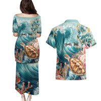 Personalized Caribbean Sea Turtle Couples Matching Puletasi and Hawaiian Shirt Fantastic Ocean Waves