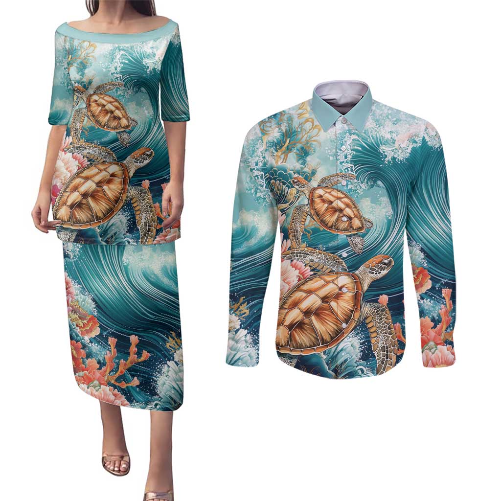 Personalized Caribbean Sea Turtle Couples Matching Puletasi and Long Sleeve Button Shirt Fantastic Ocean Waves