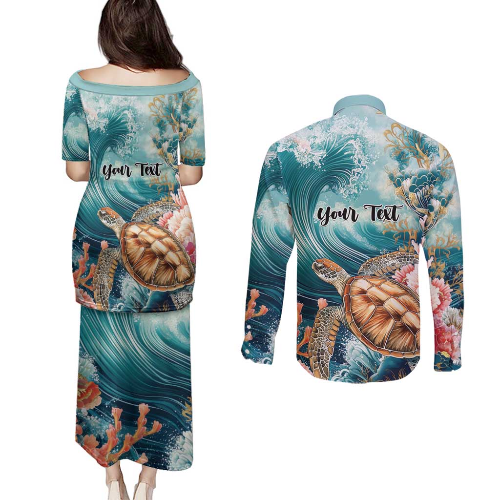 Personalized Caribbean Sea Turtle Couples Matching Puletasi and Long Sleeve Button Shirt Fantastic Ocean Waves