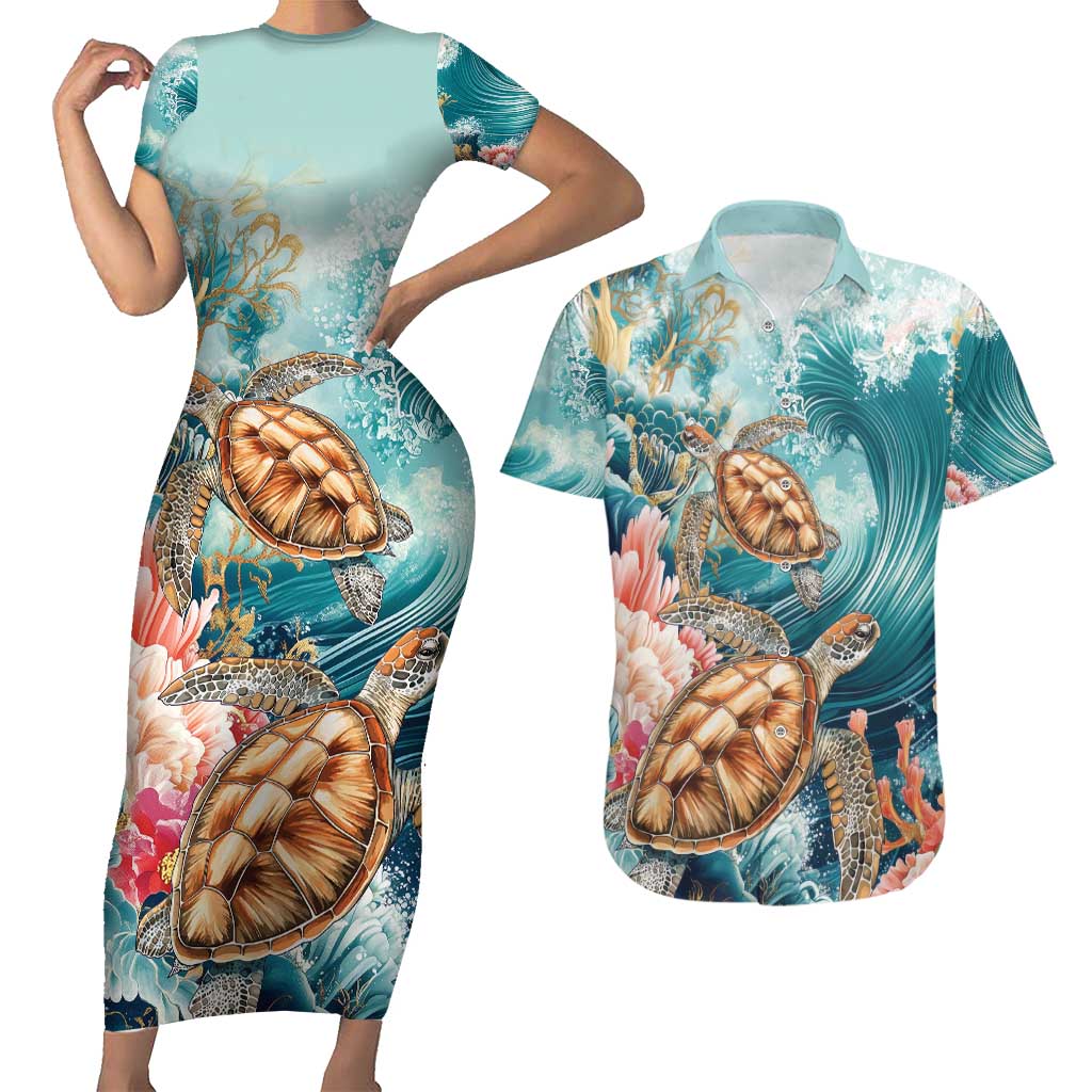 Personalized Caribbean Sea Turtle Couples Matching Short Sleeve Bodycon Dress and Hawaiian Shirt Fantastic Ocean Waves