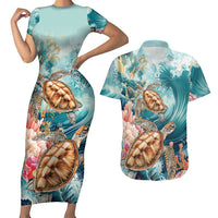 Personalized Caribbean Sea Turtle Couples Matching Short Sleeve Bodycon Dress and Hawaiian Shirt Fantastic Ocean Waves