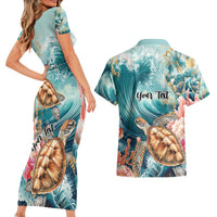 Personalized Caribbean Sea Turtle Couples Matching Short Sleeve Bodycon Dress and Hawaiian Shirt Fantastic Ocean Waves