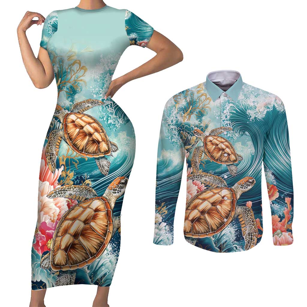 Personalized Caribbean Sea Turtle Couples Matching Short Sleeve Bodycon Dress and Long Sleeve Button Shirt Fantastic Ocean Waves